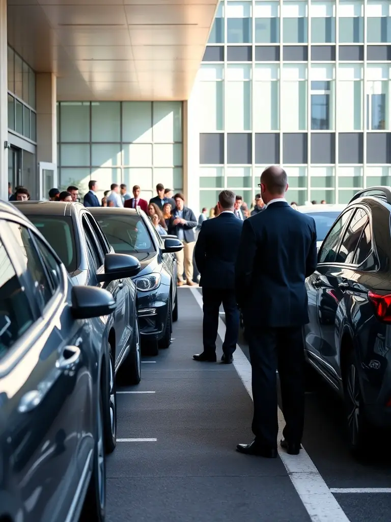 A valet parking team efficiently managing traffic flow at a corporate event, with attendees entering the building.