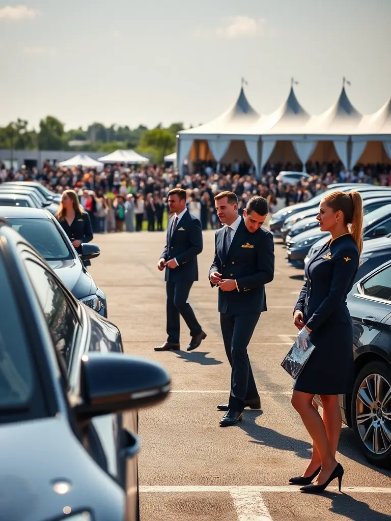 A team of valets efficiently managing traffic flow at a busy event, demonstrating organized and reliable service.