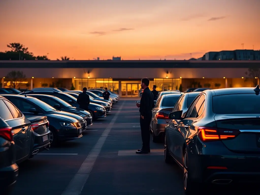 Valets parking cars efficiently in a spacious, well-lit parking lot at a popular venue, enhancing venue appeal and reducing parking-related stress for guests.