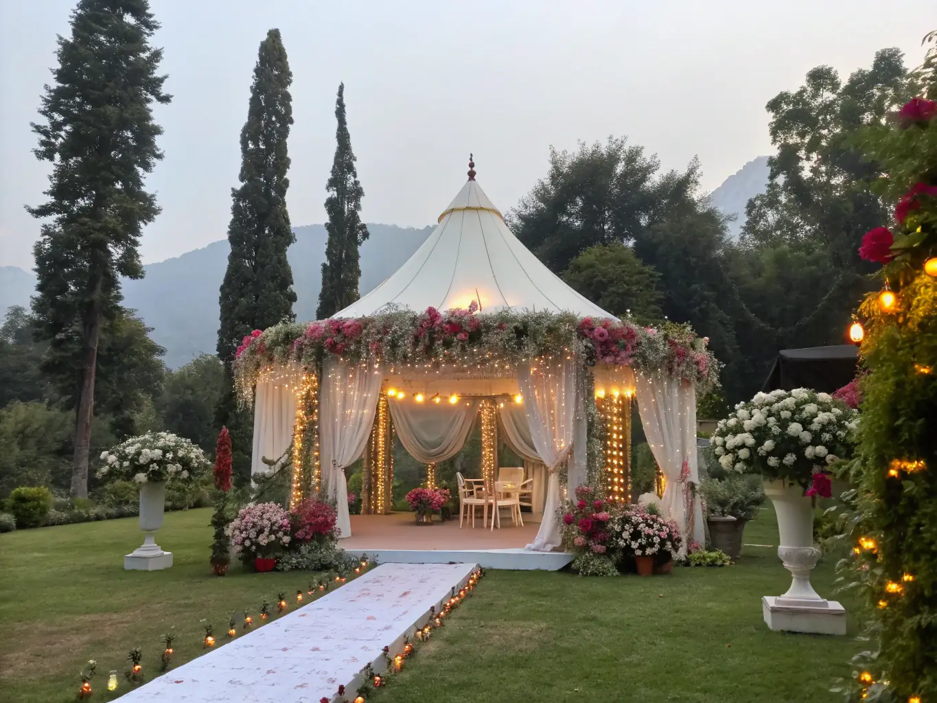 A beautifully decorated outdoor wedding venue with Valet XO staff assisting guests with their vehicles.
