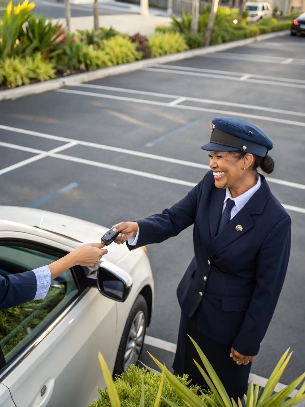 A close-up shot of a Valet XO employee handing keys back to a customer with a smile, highlighting the premium and trustworthy service provided.