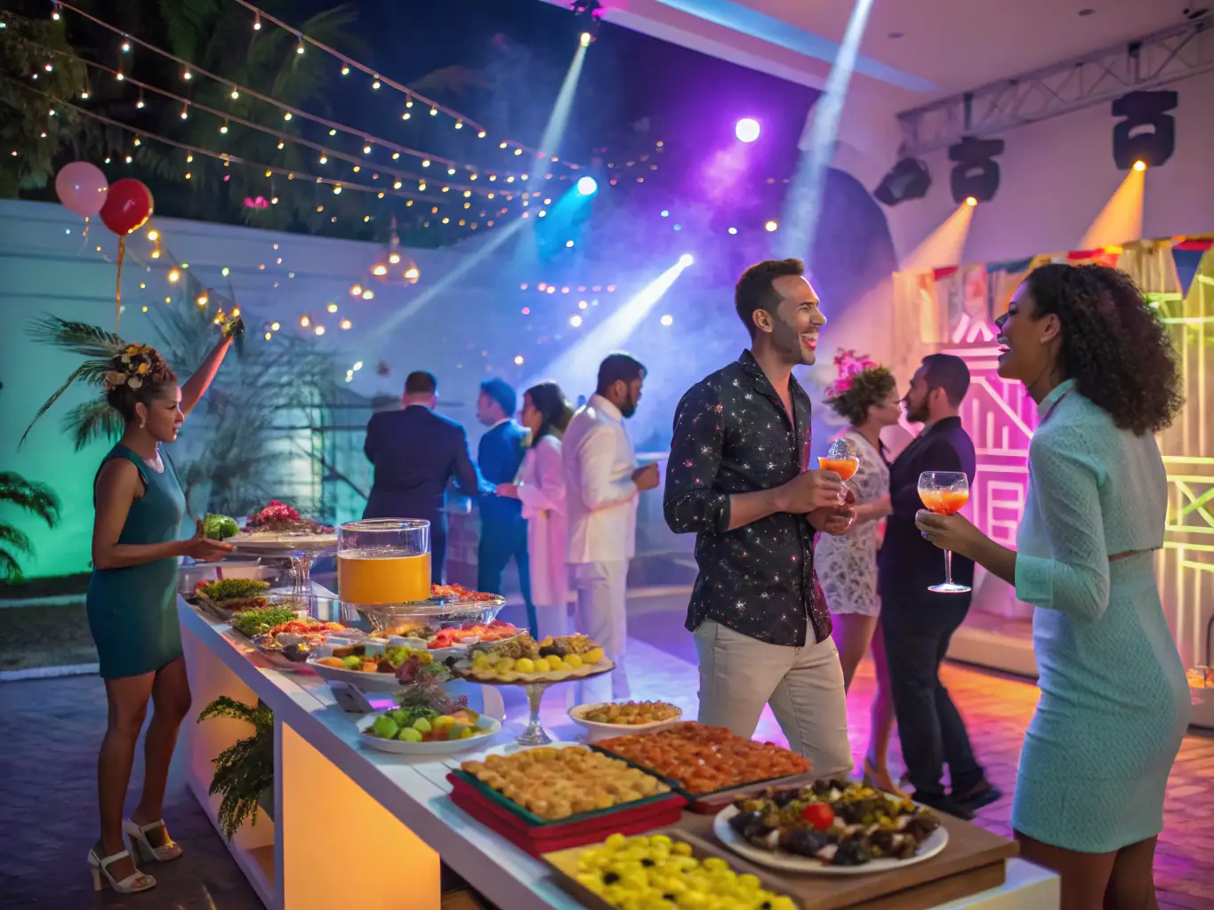 A lively private party with guests arriving and being greeted by Valet XO valet staff.