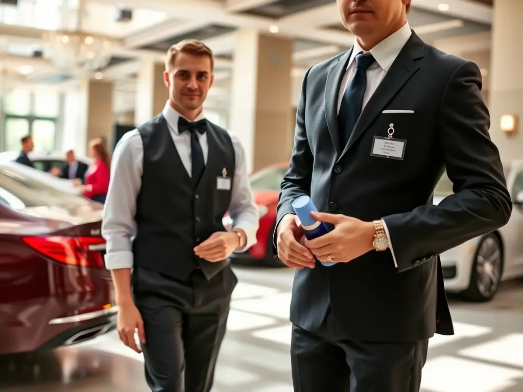 A team of professional valets in uniform assisting guests with parking at a high-end event, ensuring smooth arrivals and departures.