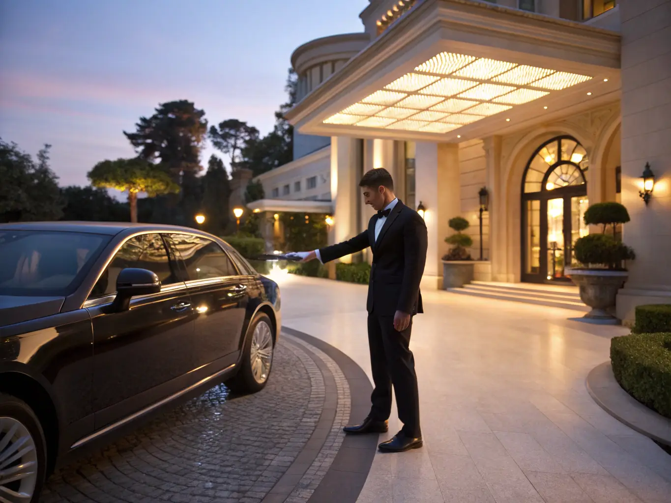 A high-angle shot of a valet attendant carefully parking a luxury car at a private event, showcasing the professionalism and attention to detail provided by Valet XO.