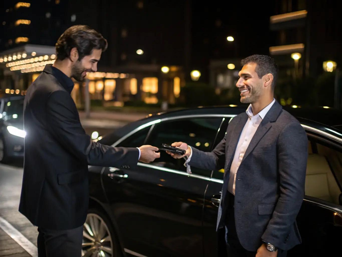 A valet attendant handing keys back to a smiling guest at a venue, illustrating the friendly and efficient service provided by Valet XO.